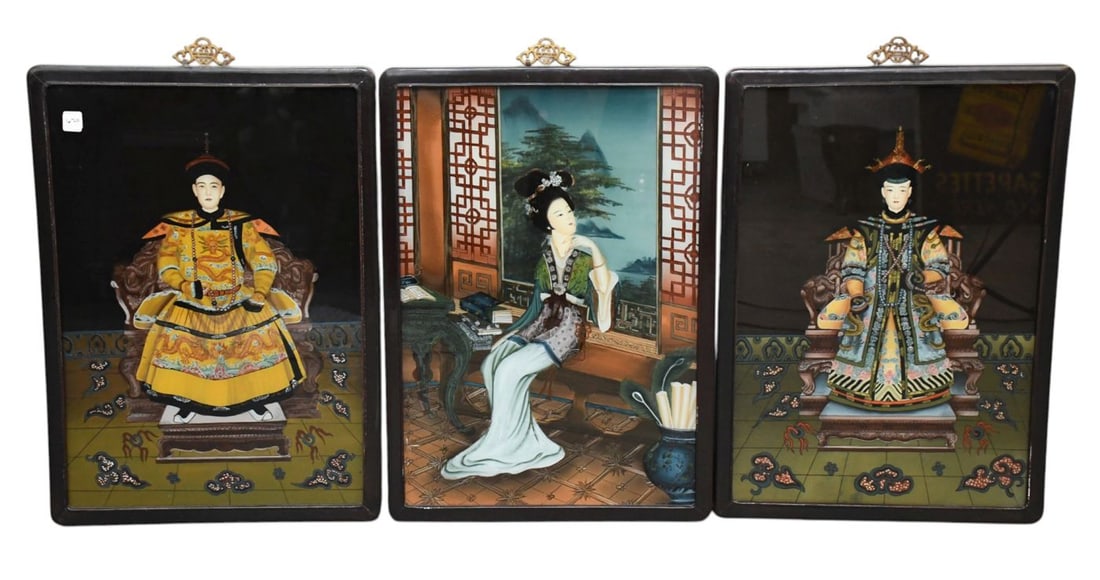 3 Chinese Reverse Painting on Glass, #1) Seated Emperor, #2) Seated Empress, #3) Contemplating (1 of 6)