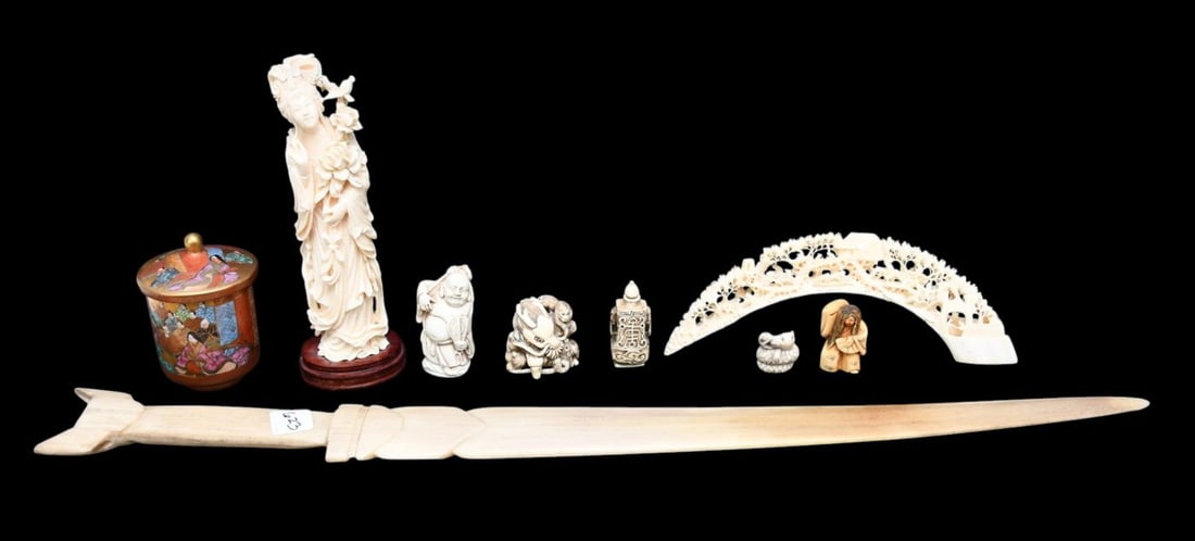 Collection of Carved Chinese Pcs. Sword (27"L), Bridge, 5 Netsukes, Composition Quan Yin Figure & (1 of 15)