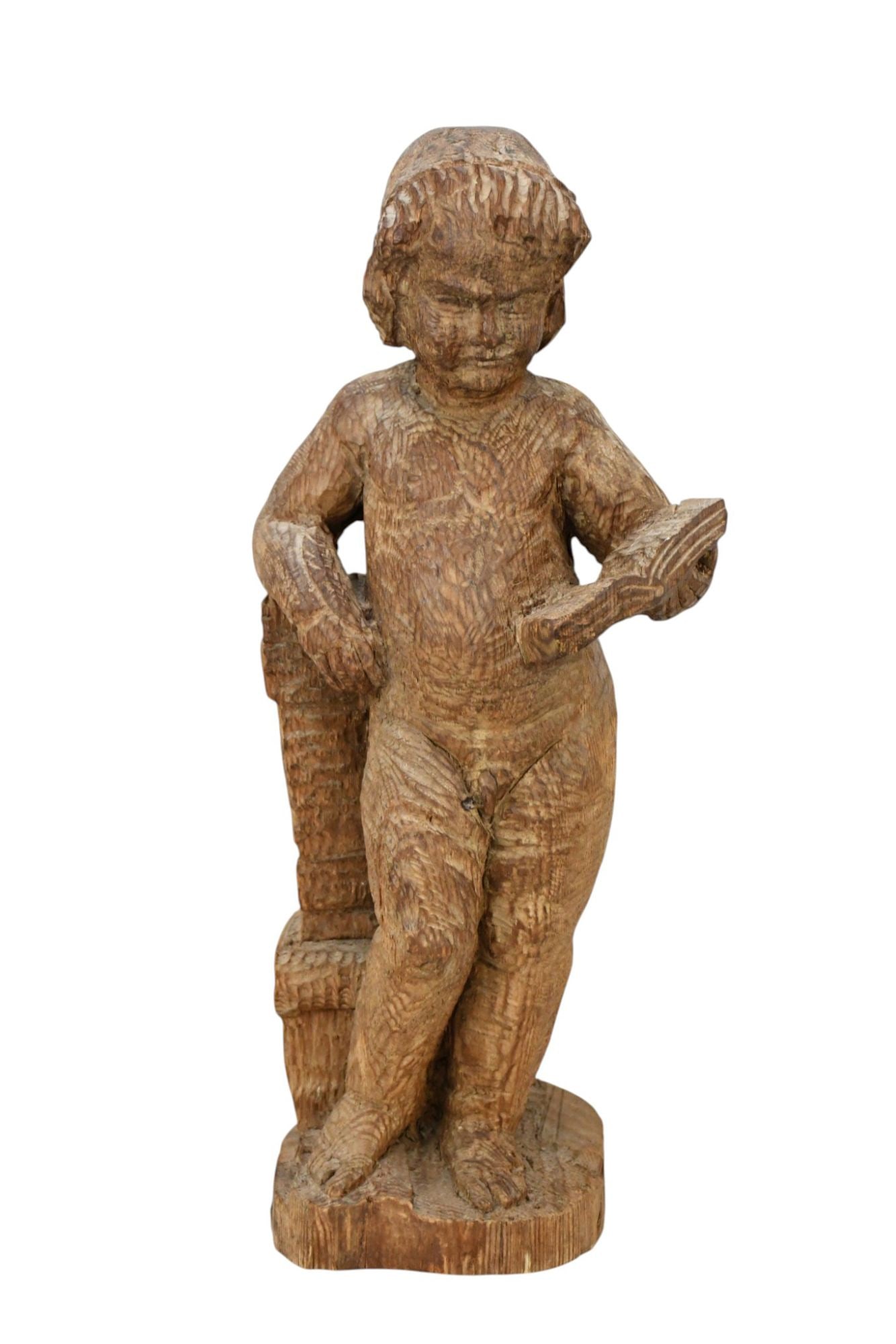 Carved Wood Child With Open Book, 19"h x 6" x 6": Carved Wood Child With Open Book, 19"h x 6" x 6"