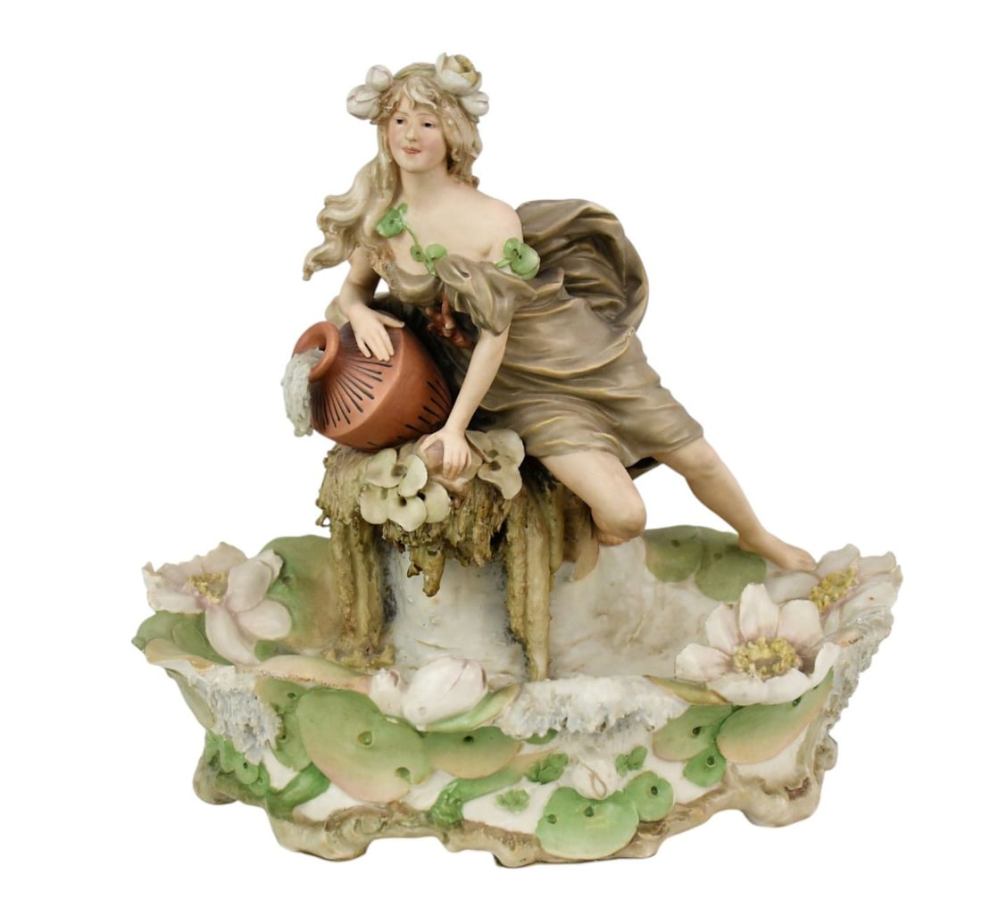 Royal Dux Art Nouveau Porcelain Figural Centerpiece Bowl, 13"h x 14"W x 9"D (some loss & chips) (1 of 7)