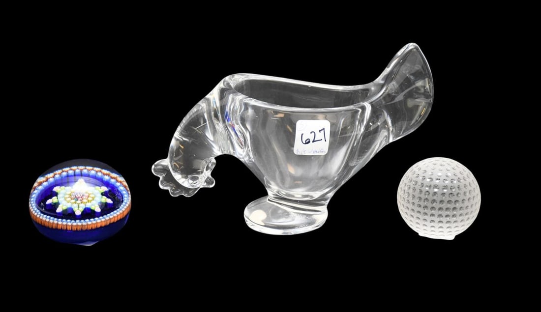 3 Pieces of Art Glass, France Art Glass Rooster Candy Bowl, Perthshire Glass Paperweight with (1 of 3)