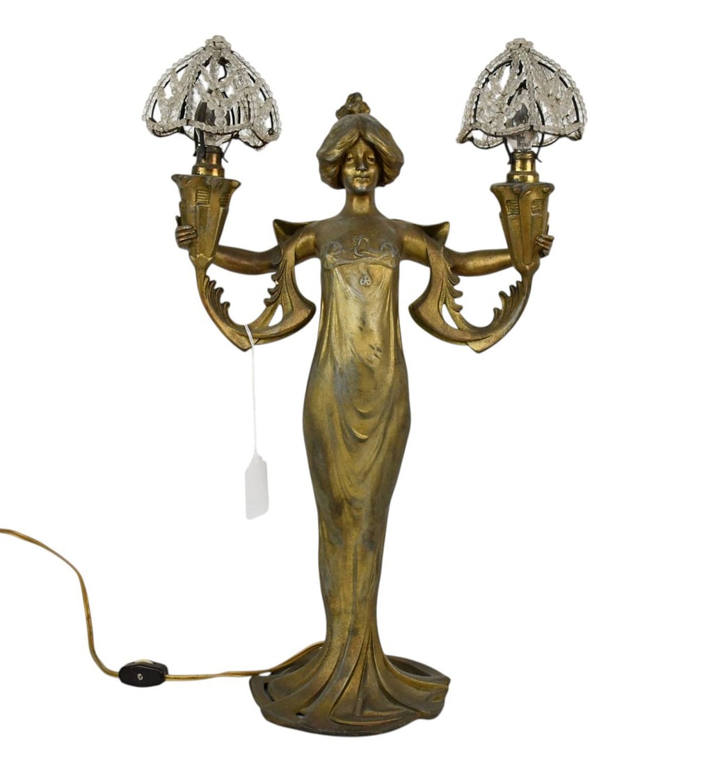 Lucien Alliot Art Nouveau Figural Lamp Featuring a Bronze/ Spelter Woman Holding 2 Lights, 17"H x (1 of 5)