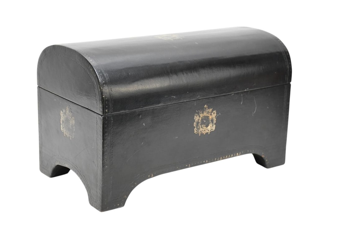 Maitland Smith Domed Black Faux Leather Box with Gilded Inlay, 8 3/4"h x 14"w x 7 3/4"d (1 of 6)