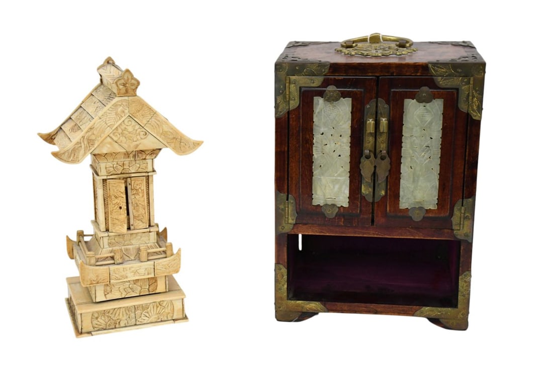 Chinese Rosewood Jewelry Cabinet w/ Reticulated Jade Panels and Brass Corner Hardware, 9 1/2"H x 7"W (1 of 9)