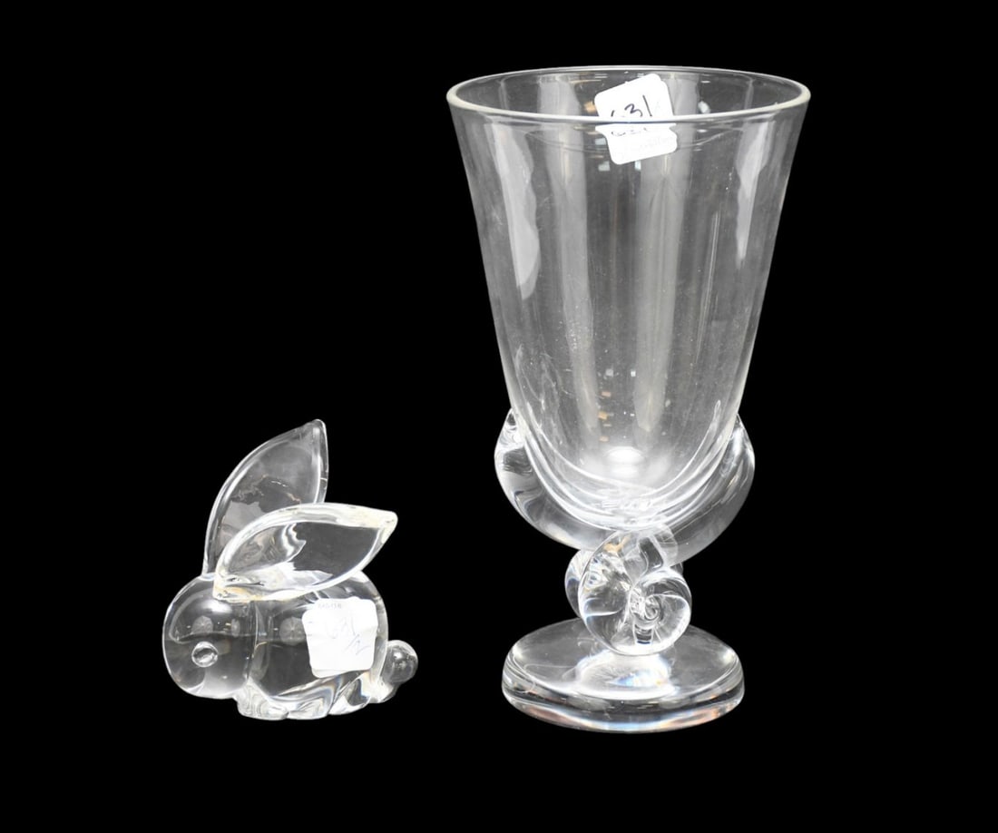 2 pcs. Steuben Crystal, Bunny Figurine and Scroll Vase (8 12"h x 4 3/4"dia) (1 of 4)