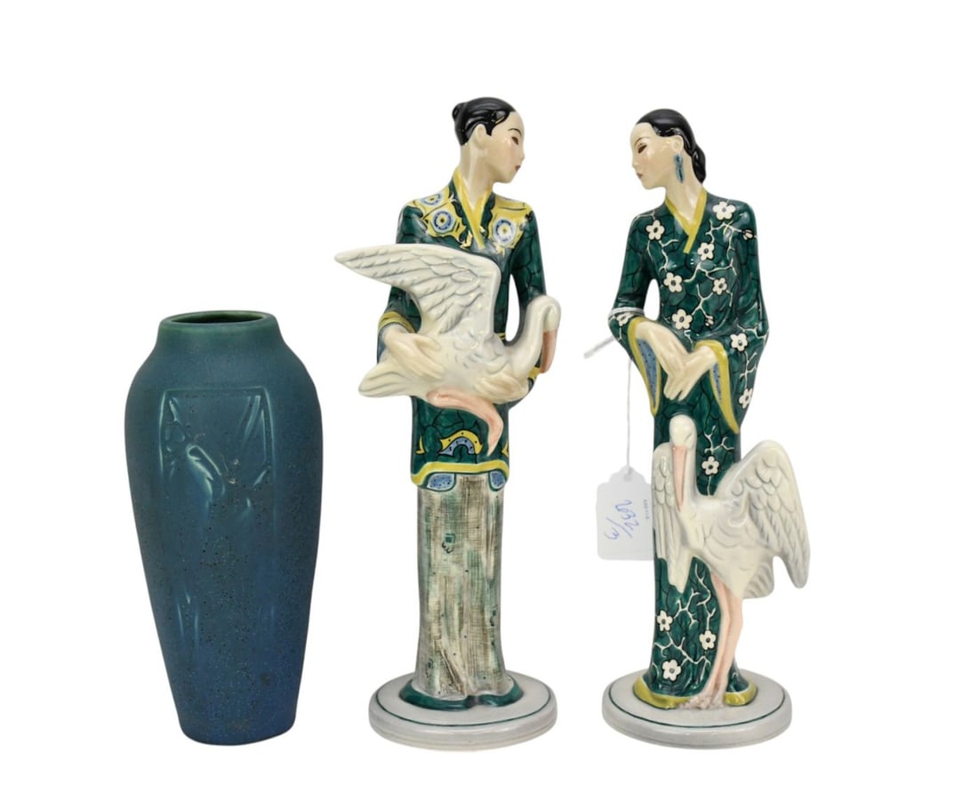 3 Pieces of Tablewares Chinese Ceramic Figurines with Green and Yellow Robes, 10"H and a Rockwood (1 of 7)