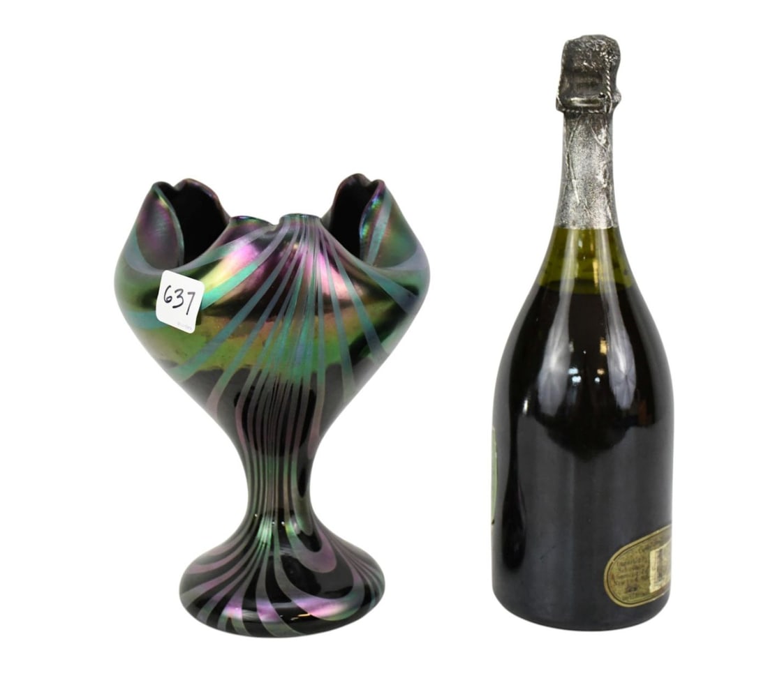 Rindskopf Art Glass Iridescent Drapery Vase with Pulled Feather Motif, 9"h x 7"w (1 of 6)