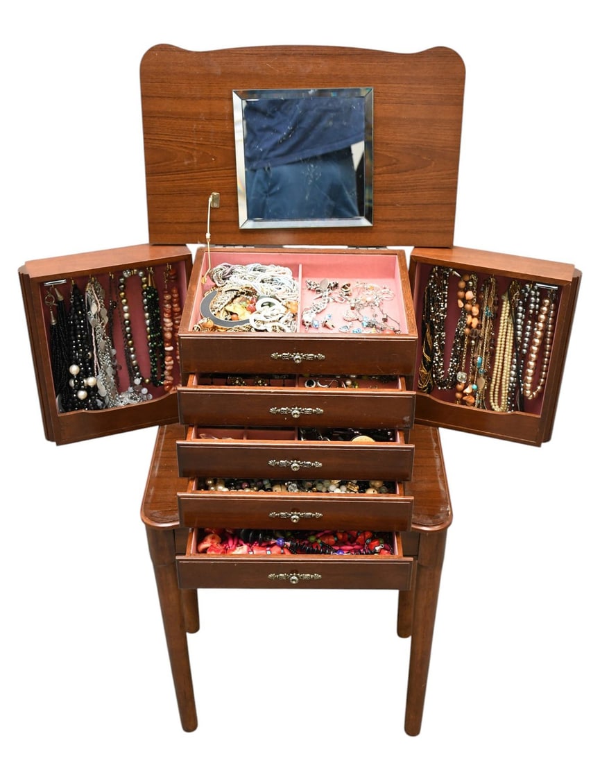 Jewelry Cabinet Filled with Sterling & Costume Jewelry. 151.5 grams of sterling. Some signed costume (1 of 9)