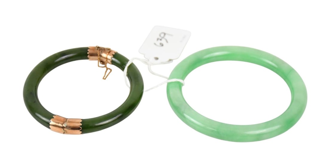 2 Jade Bangle Bracelets. 1 with 14K Yellow gold clasp. 7 - inner circumference (1 of 2)
