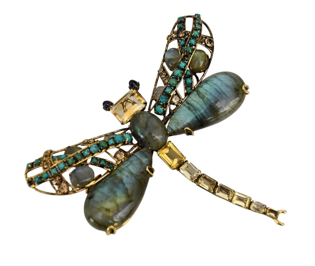 Iradj Moini Labradorite Dragonfly Pin Brooch, Citrine, Turquoise & Amethyst Eyes, 3.5" x 4" (missing: Iradj Moini Labradorite Dragonfly Pin Brooch, Citrine, Turquoise & Amethyst Eyes, 3.5" x 4" (missing 1 small turquoise stone)