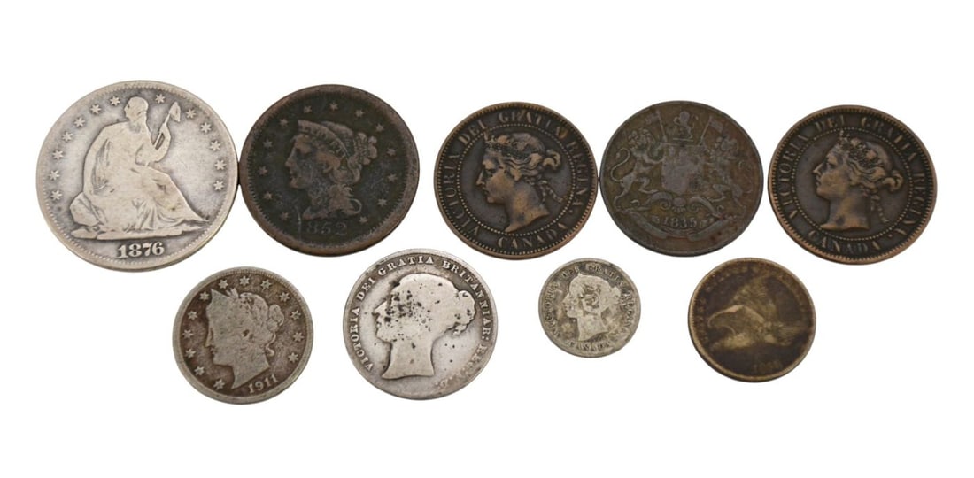 US and Foreign Coin Lot. 1852 Braided Hair Large Cent, 1858 Flying Eagle Cent, 1876 Seated Libert (1 of 6)