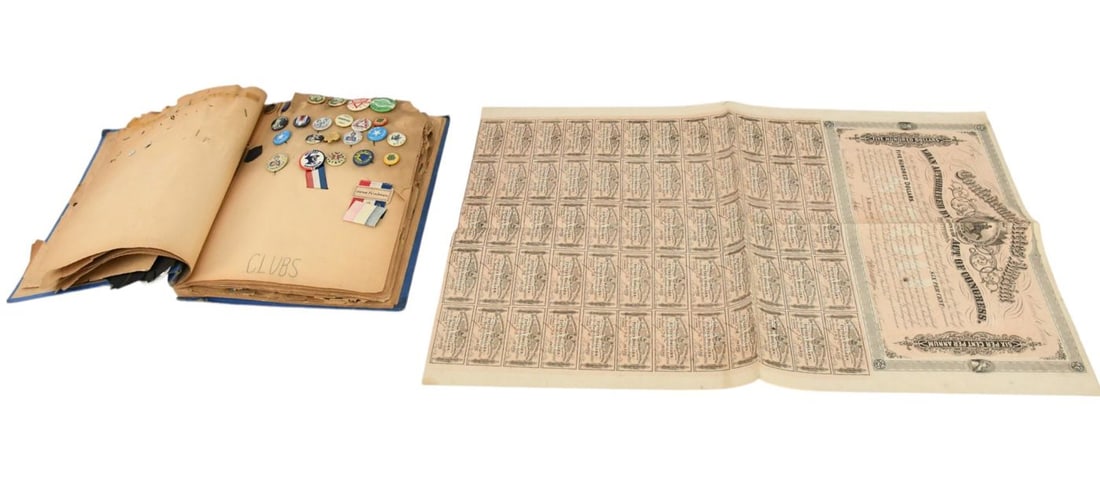 Large Scrap Book of Vintage Buttons and Pins. Confederate States of America 500 Dollars six per cent (1 of 17)
