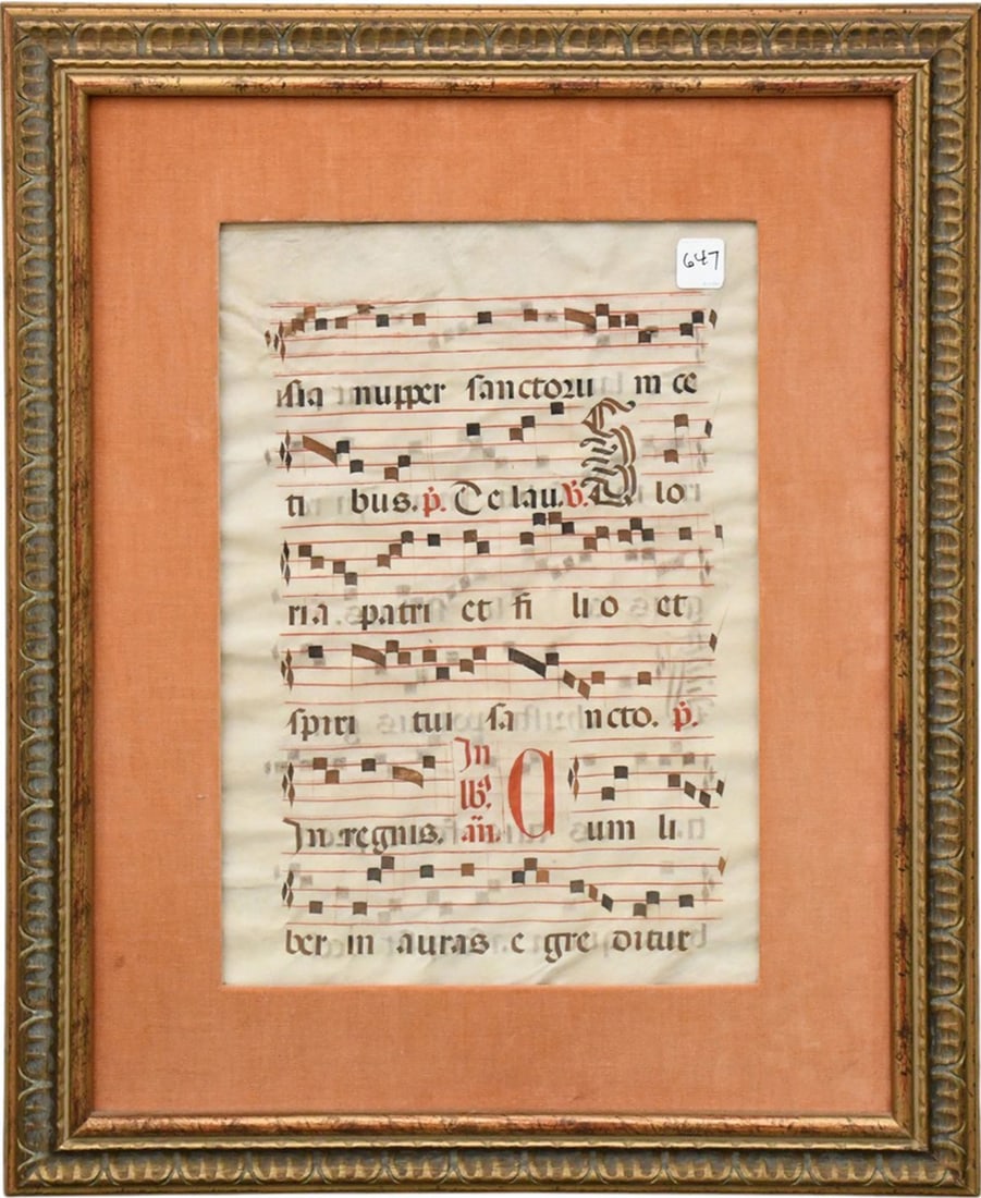 Antique Vellum Antiphonal Musicript Leaf in Frame, Sight size 17" x 11.75" Overall frame size 26" x (1 of 5)