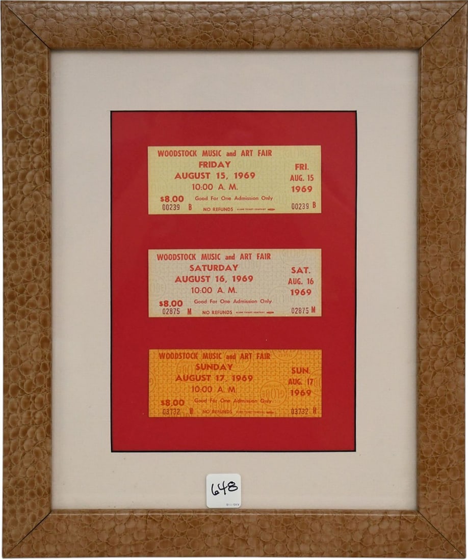 Set of 3 Woodstock Music Festival tickets, in Faux Snakeskin wrapped frame, 16" x 13" (1 of 5)