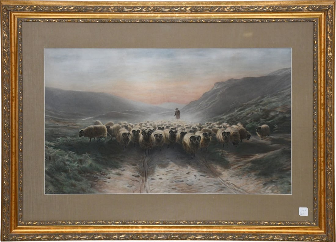 Joseph Farquharson 1846-1935, Print of the famous oil painting titles "Leaving the Hills". Painting: Joseph Farquharson 1846-1935, Print of the famous oil painting titles "Leaving the Hills". Painting depiction of Scottish rural life' winter landscape and sheep. 41 x 31 and without frame is 30 x 18 1