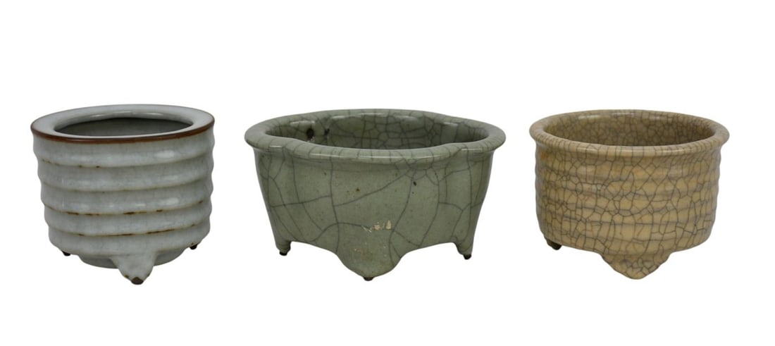 3 Chinese Pottery Bulb Planters, Celadon Style Glaze, Light Green, Light Tan with Craquelure, 3"h x (1 of 7)