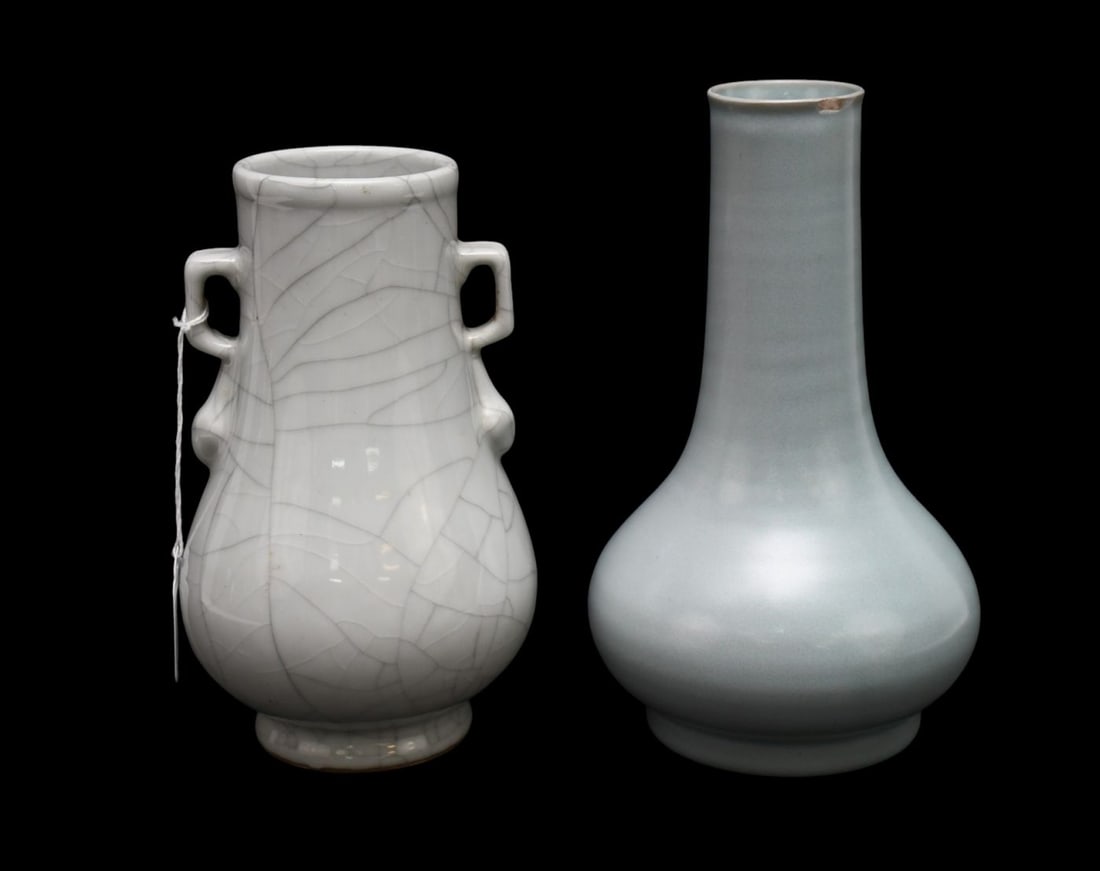 2 Chinese Guan Type Vases, One with Craquelure AND One Grey Celadon Glaze, 9"h & 8 1/2"h (1 of 9)
