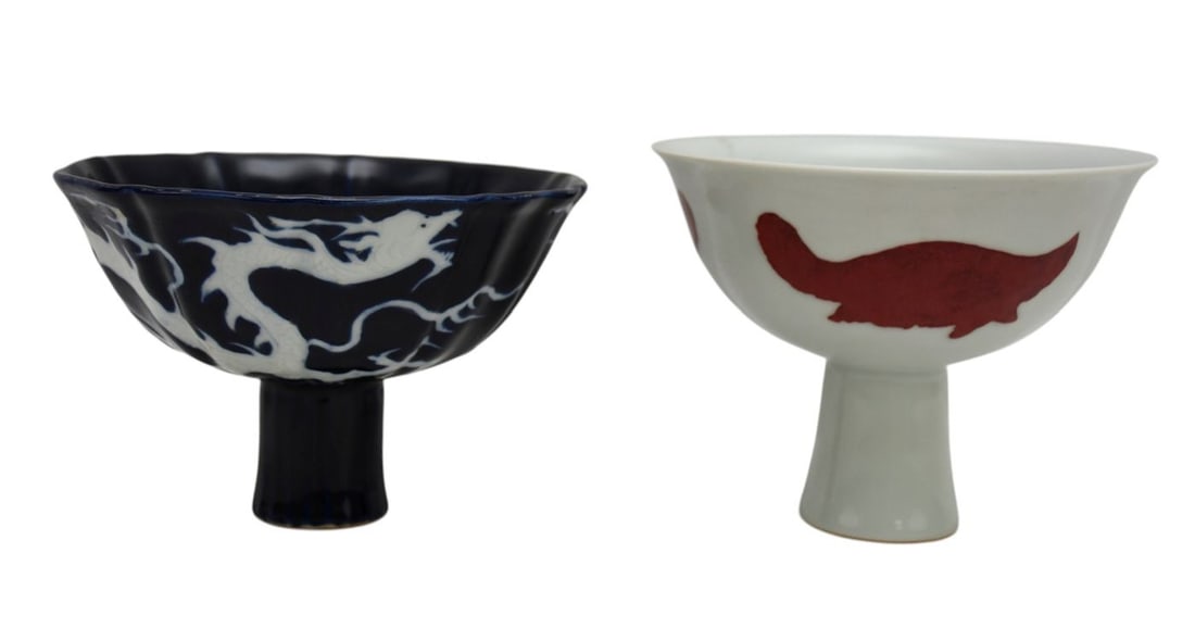 2 Chinese Porcelain Stemmed Bowls, Cobalt with White Dragon & 3 Red Glazed Fish, 5"h x 6"w: 2 Chinese Porcelain Stemmed Bowls, Cobalt with White Dragon & 3 Red Glazed Fish, 5"h x 6"w
