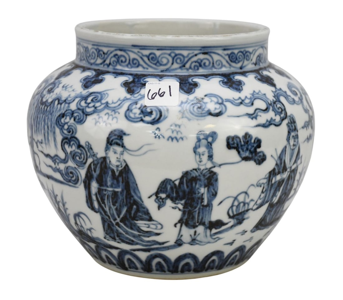 Chinese Ming Style Vase, Blue & White with Figural & Landscape Scenes, 8"H x 9"w (1 of 8)