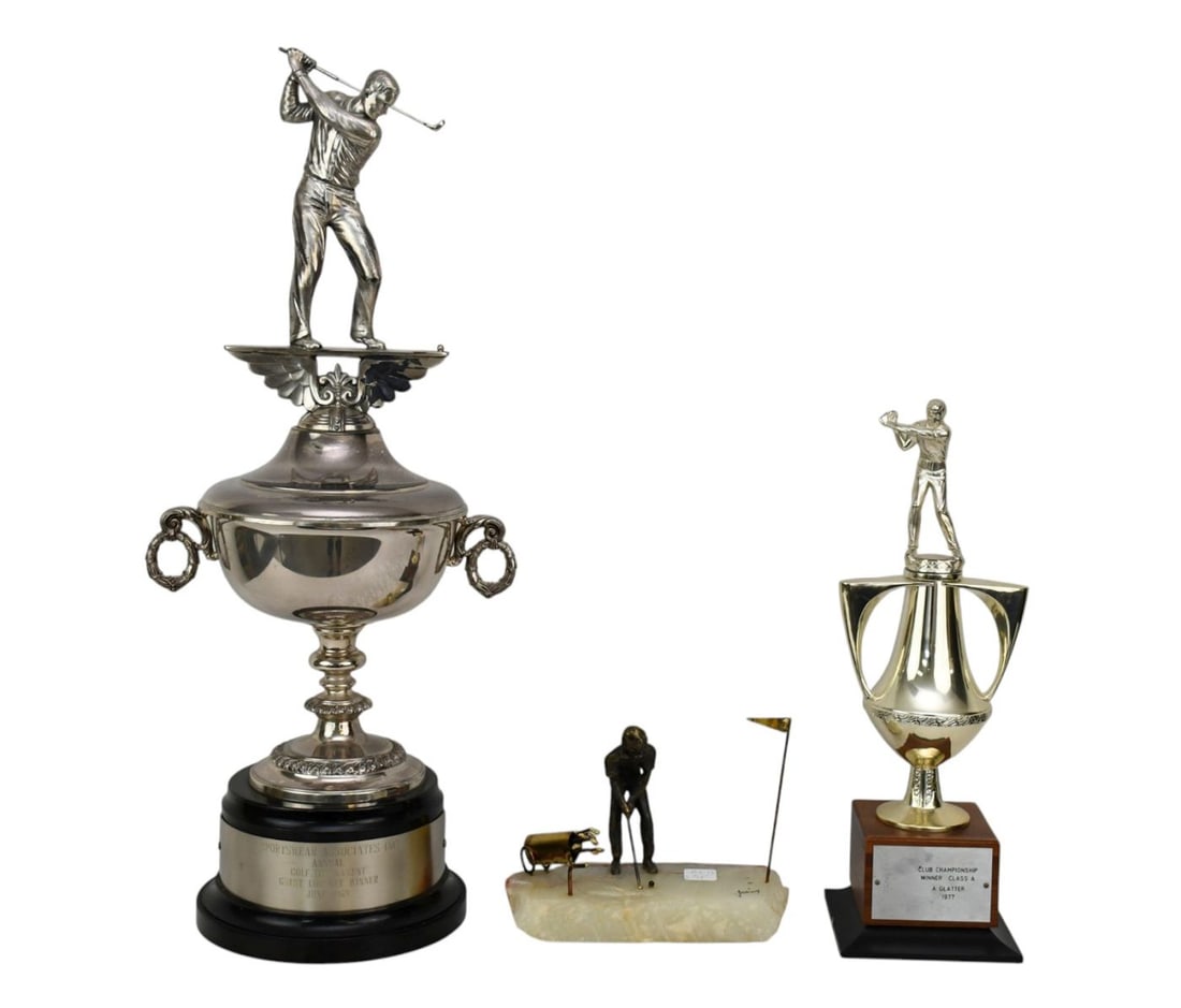 2 Golf Trophies and 1 Michael Garman Golfer Figurine on a Marble Base, Tallest 26"h x 12"d (1 of 8)