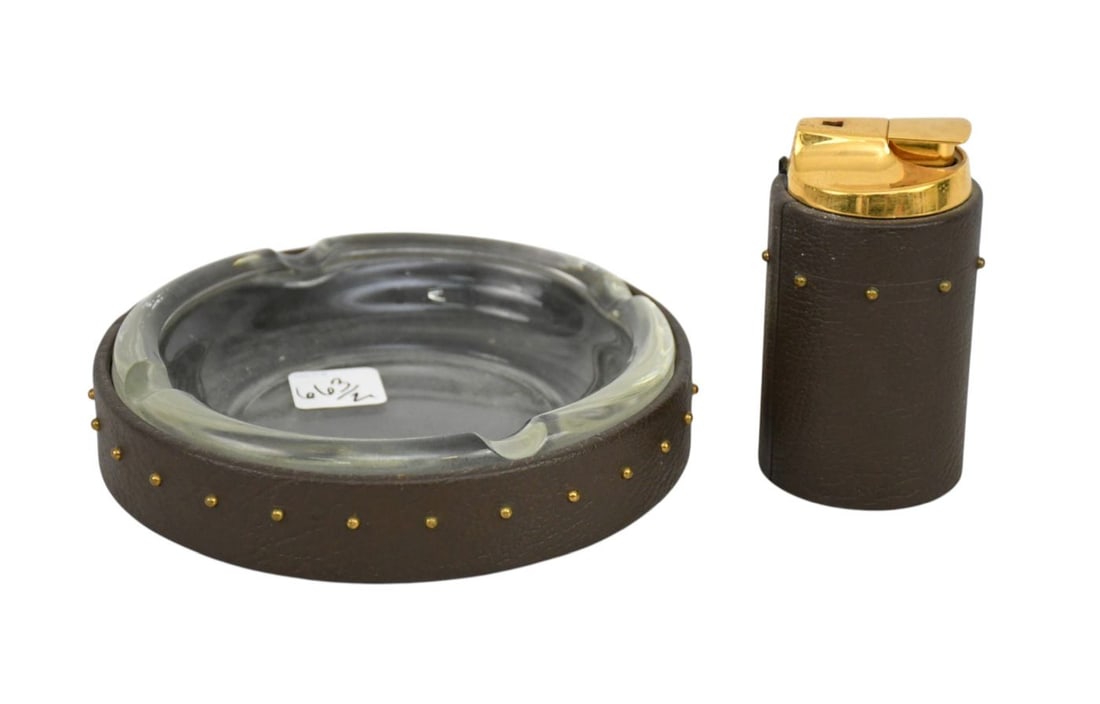 Mid Century Ronson Lighter (4"h) & Ashtray (6"dia) Set, Brown Vara flame Pathfinder Table Lighter (1 of 4)