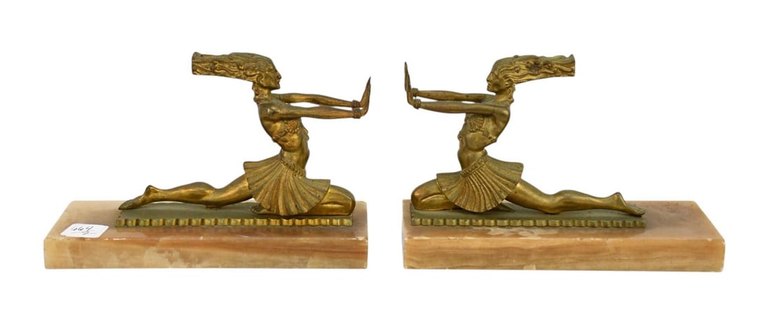 Pair of Thai Bronze Tepphanom Statues/Bookends on a Stone Base, 6 1/2"h x 9 1/2"w x 3 1/2"d (bases (1 of 8)