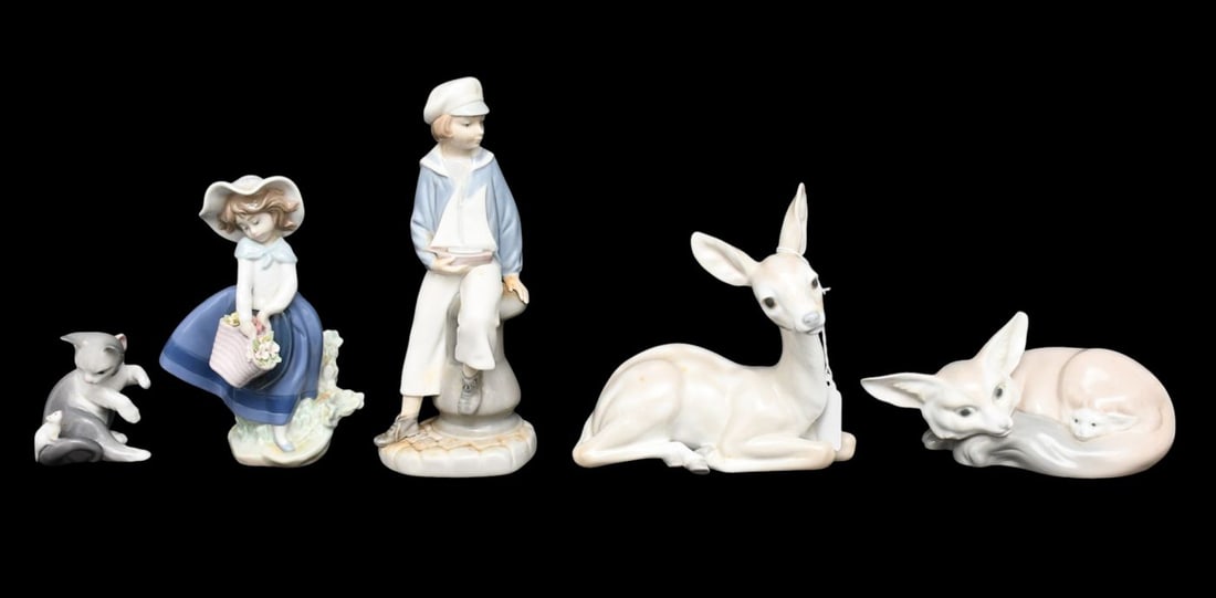 5 Lladro Figures, Boy with Sailboat, Girl With Basket, Fawn, Foxes & Kitten, Tallest 9"h x 4"w (1 of 7)