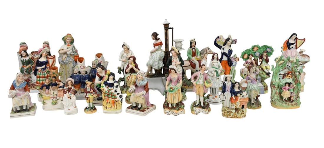Lot of Approximately 29 Staffordshire Pottery Figures, incl. 2 Spill Vases & 1 Candlestick, All with (1 of 8)