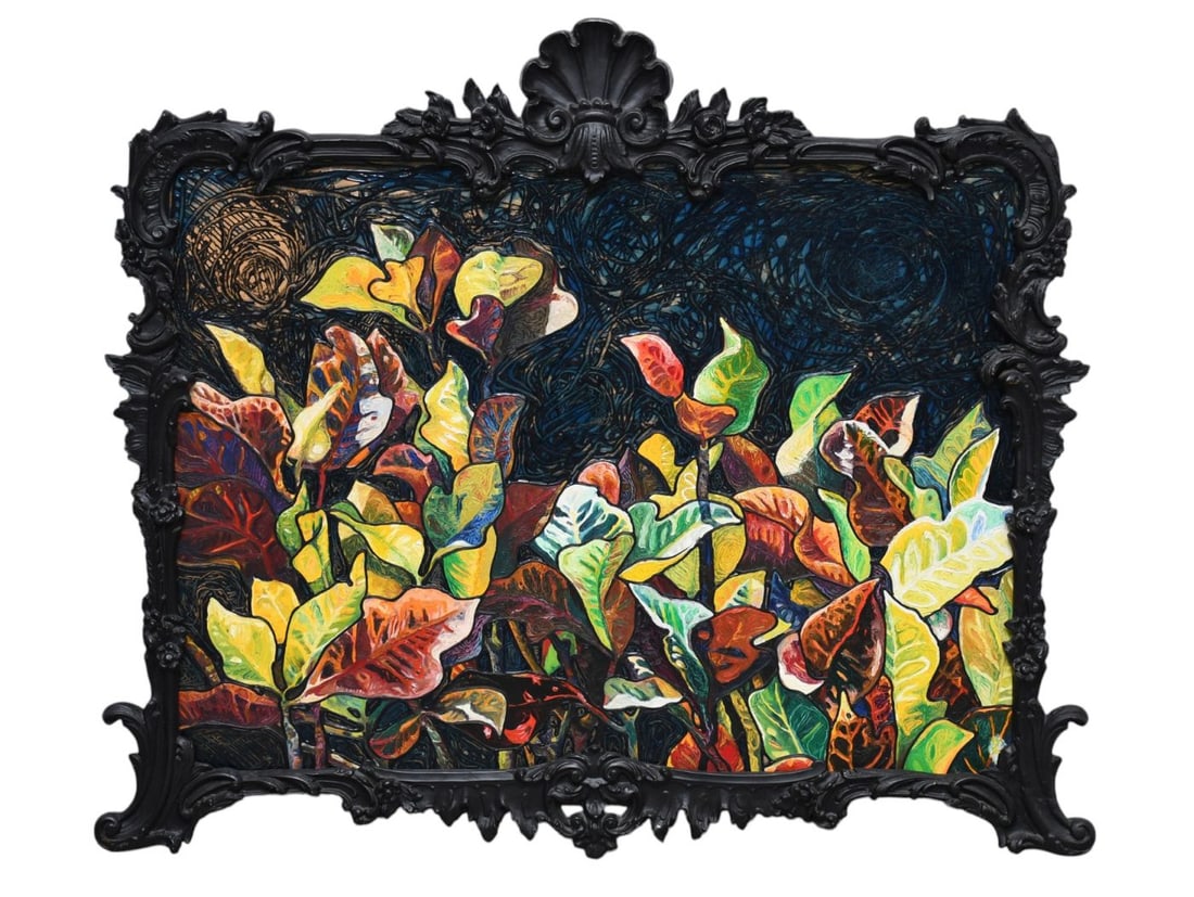 Vintage oil on Masonite board. Tropical Still Life of Crotons, in painted black frame. No visible: Vintage oil on Masonite board. Tropical Still Life of Crotons, in painted black frame. No visible signature. 38h x 44w inches.