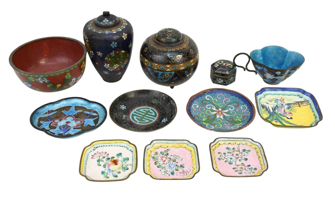 Assorted Lot of Antique Cloisonne & Enamel Pin Trays, Largest 4"h x 3"w (1 of 5)