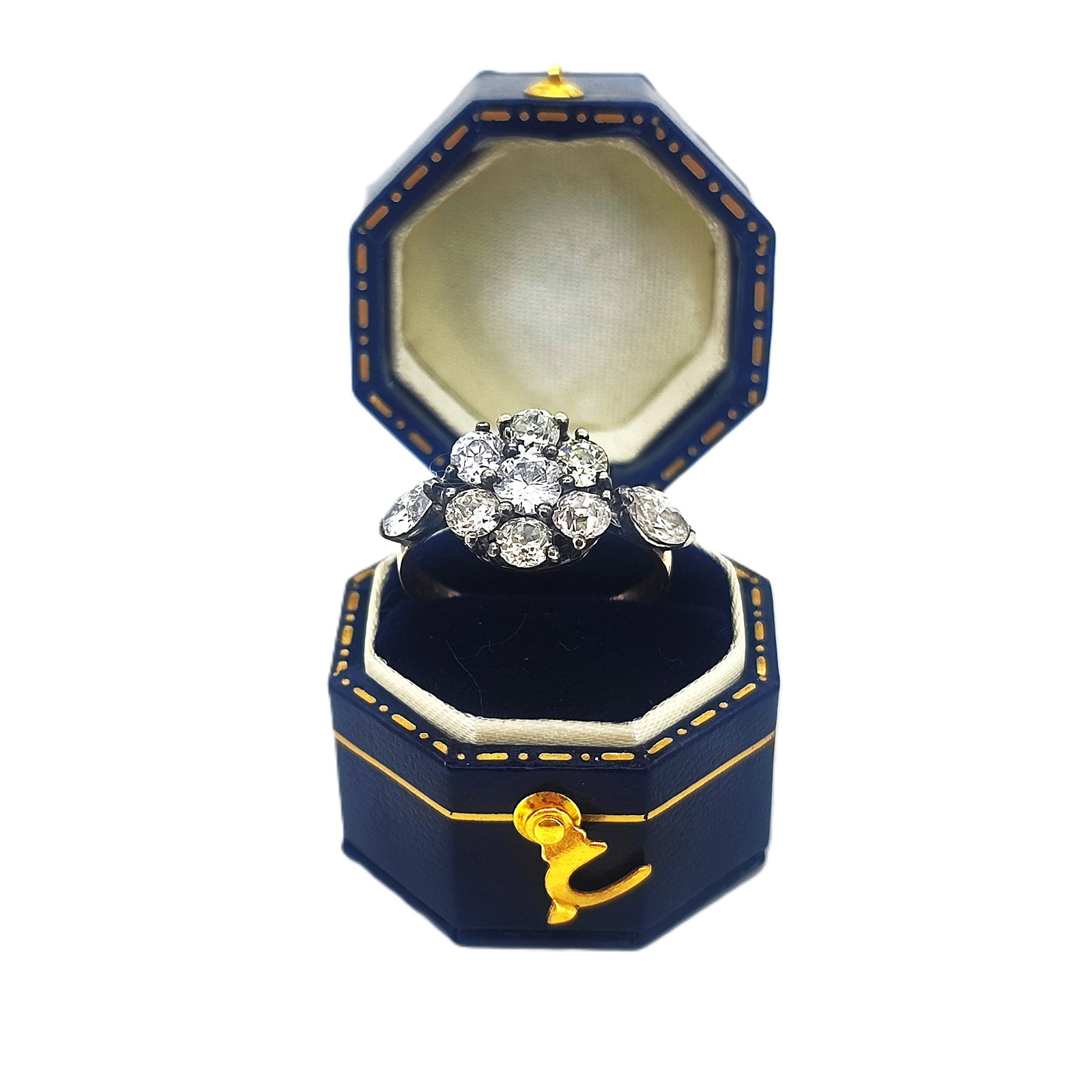 Vintage Imperial Russian Gold diamond cluster ring: Vintage Imperial Russian diamond cluster ring in 56 zolotnik gold with silver-topped diamond settings, round cluster face, and marquise diamond side accents. Set with center round diamond measuring ap