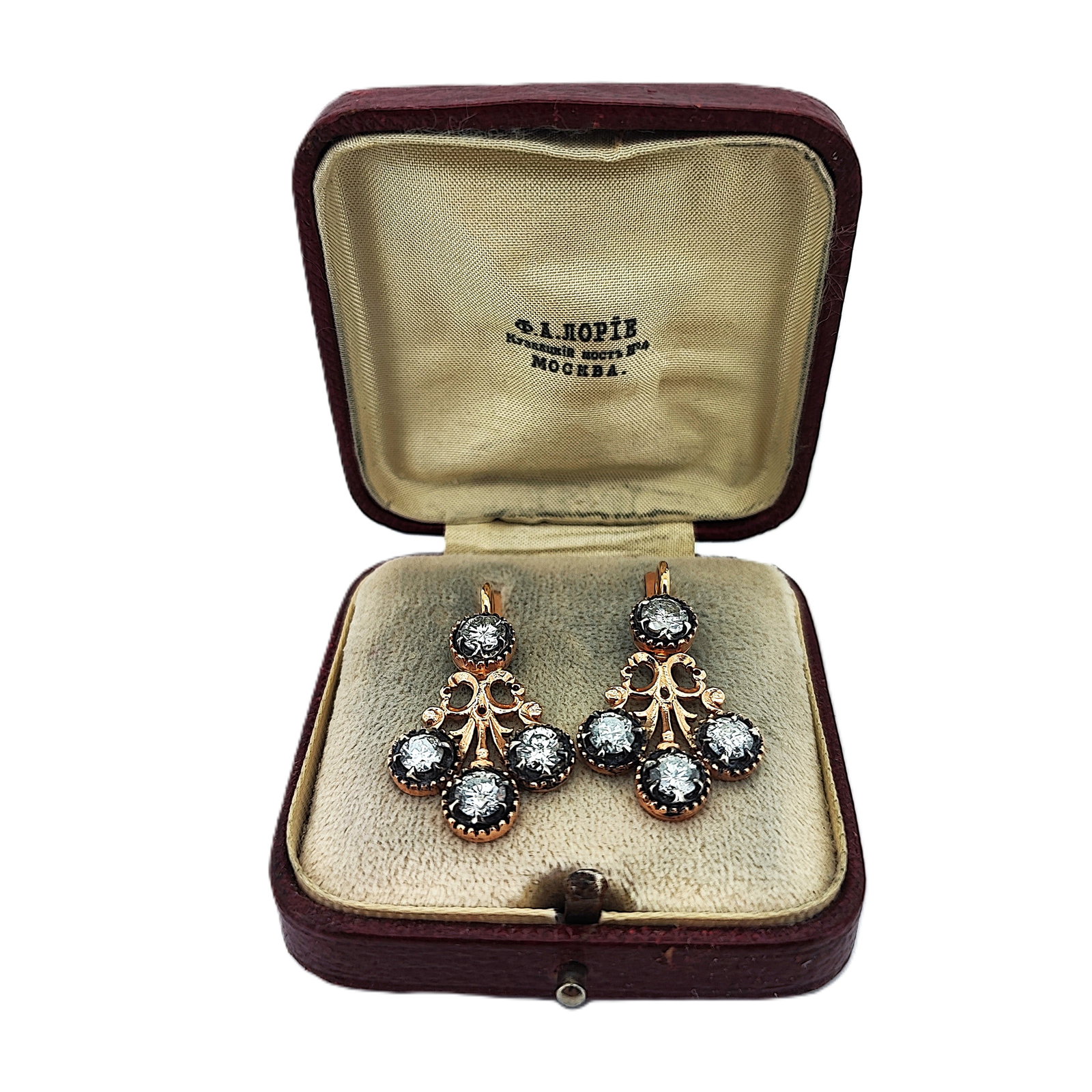 Vintage Imperial Faberge Era 14 K Rose Gold Diamond Earrings.: Vintage Imperial Faberge Era 14 K Rose Gold Diamond Earrings.Diamonds Approx. 3.20 Ct. Total weight: 7.4 grams. Dimensions: L 37.00 mm. W 18.00 mm. Russian hallmarks: 56 BC Cyrillic.