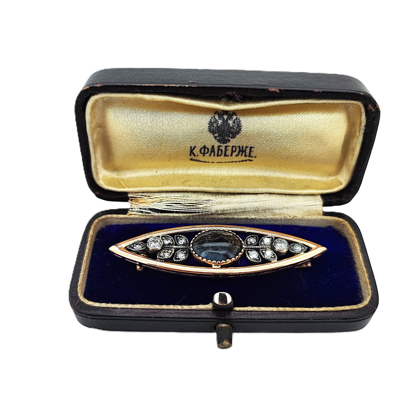 Vintage Imperial Faberge Era 14 K Rose Gold Diamond Moss Agate Pin Brooch (1 of 4)