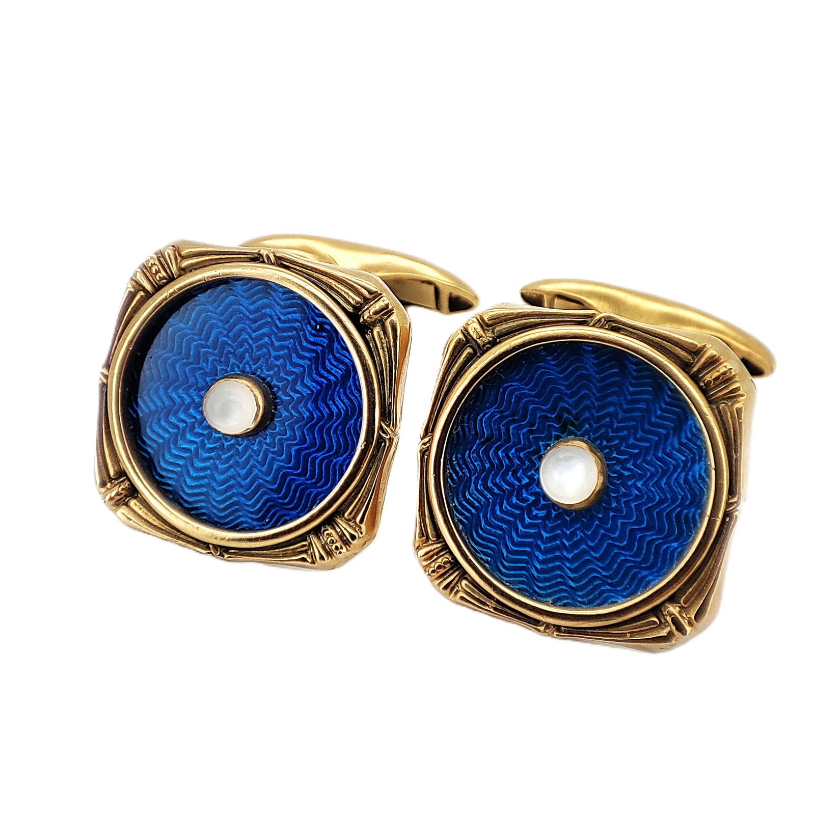 Vintage Imperial Faberge Era Gilded Silver Enamel Cufflinks: Vintage Imperial Faberge Era Gilded Silver Enamel Cufflinks. Enamel decorated with round cabochon Moonstone. Total weight: 10.90 grams. Dimensions: 17.67 x 17.67 mm. Russian hallmarks: 84 EB Cyrillic.