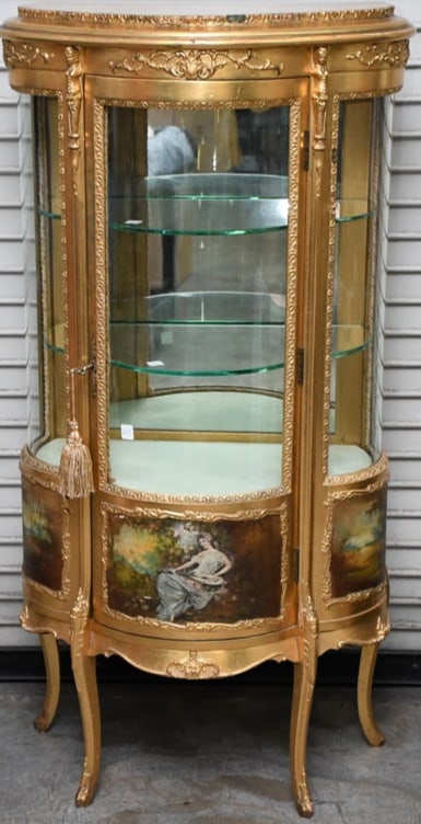 French Verni Martin Vitrine, circa 1900, Beautifully Gilded wood, Vine and leaf design: French Verni Martin Vitrine, circa 1900, Beautifully Gilded wood, Vine and leaf design with Female busts flanking bowed glass center door, two interior glass shelves over 2 painted landscapes and pain