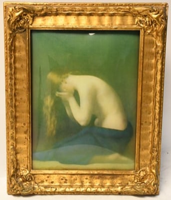 Jean-Jacques Henner Print in bubble or convex curved glass, in gilded gesso Frame. Overall framed si: Jean-Jacques Henner Print in bubble or convex curved glass, in gilded gesso Frame. Overall framed size is 16 x 13 inches.