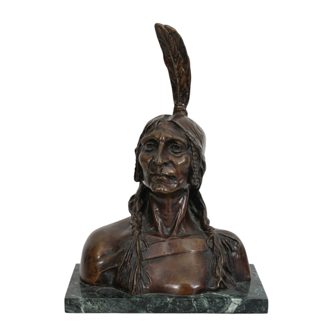 Bronze Sculpture of Indian Head on Green Marble Base, Signed G. Moretti, 16"h x 10 1/2"w x 5 5/8"d (1 of 7)