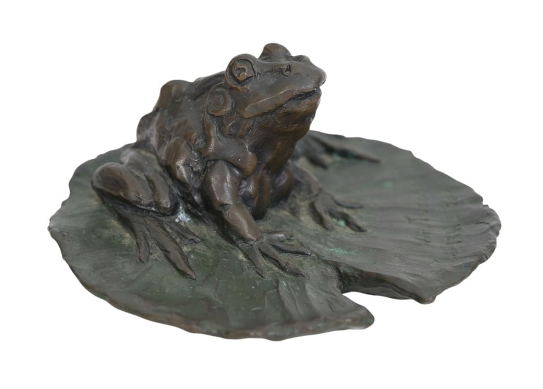 William H. Turner Bronze Sculpture of Bull Frog on Lily Pad, 1991, 9/100, 3"h x 5 1/2"w. Comes w/ (1 of 9)