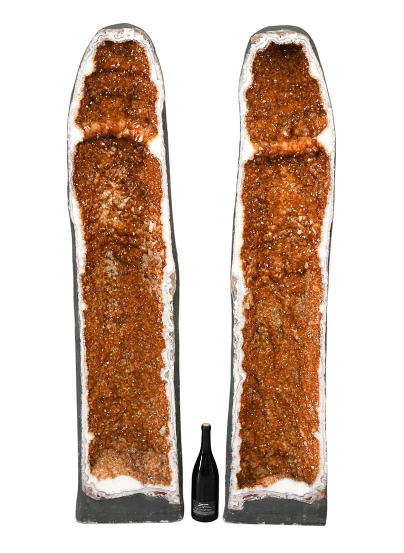 Pair of Large Standing Citrine Geodes, Cathedral Featuring Deep Amber Quartz Crystal Clusters Inside: Pair of Large Standing Citrine Geodes, Cathedral Featuring Deep Amber Quartz Crystal Clusters Inside Stabilized Rock Matrix, 58"h x 13"w x 9 1/2"d