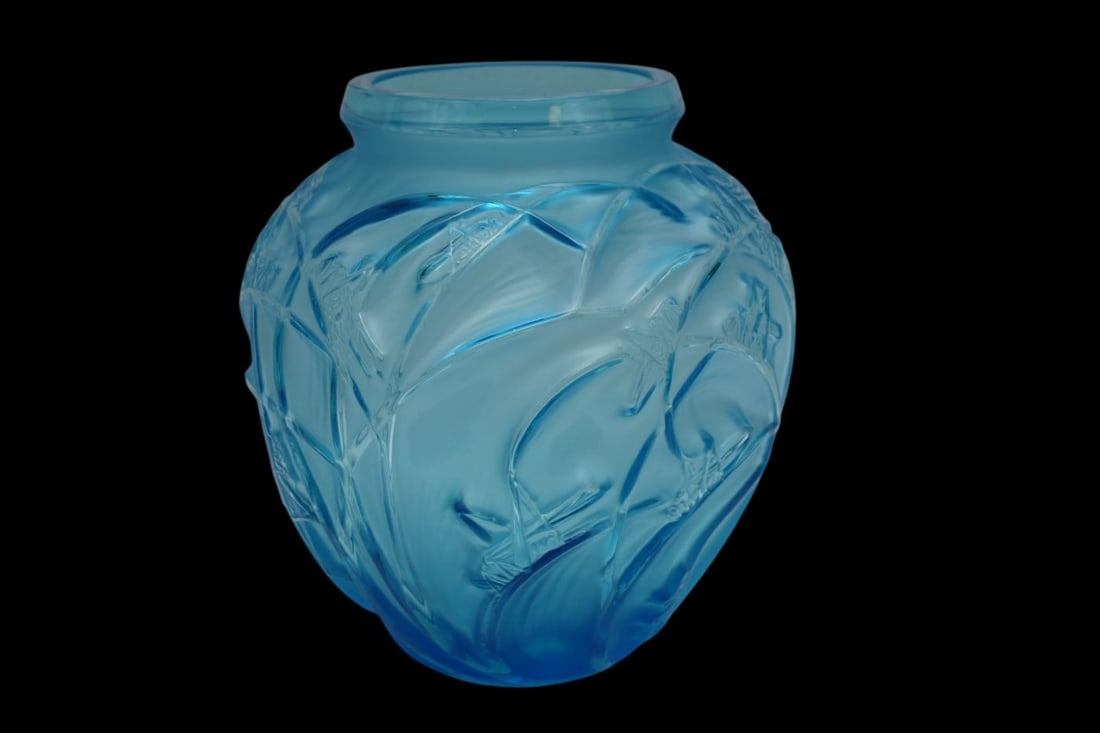 Lalique France Crystal Vase, "Sautevelles" Art Nouveau Motif in Vibrant Electric Blue, Signed in (1 of 9)