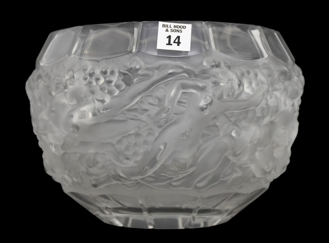 R. Lalique France Crystal Bowl Centerpiece, Grapes & Nymphs in Relief, 7"h x 9 1/2"dia: R. Lalique France Crystal Bowl Centerpiece, Grapes & Nymphs in Relief, 7"h x 9 1/2"dia