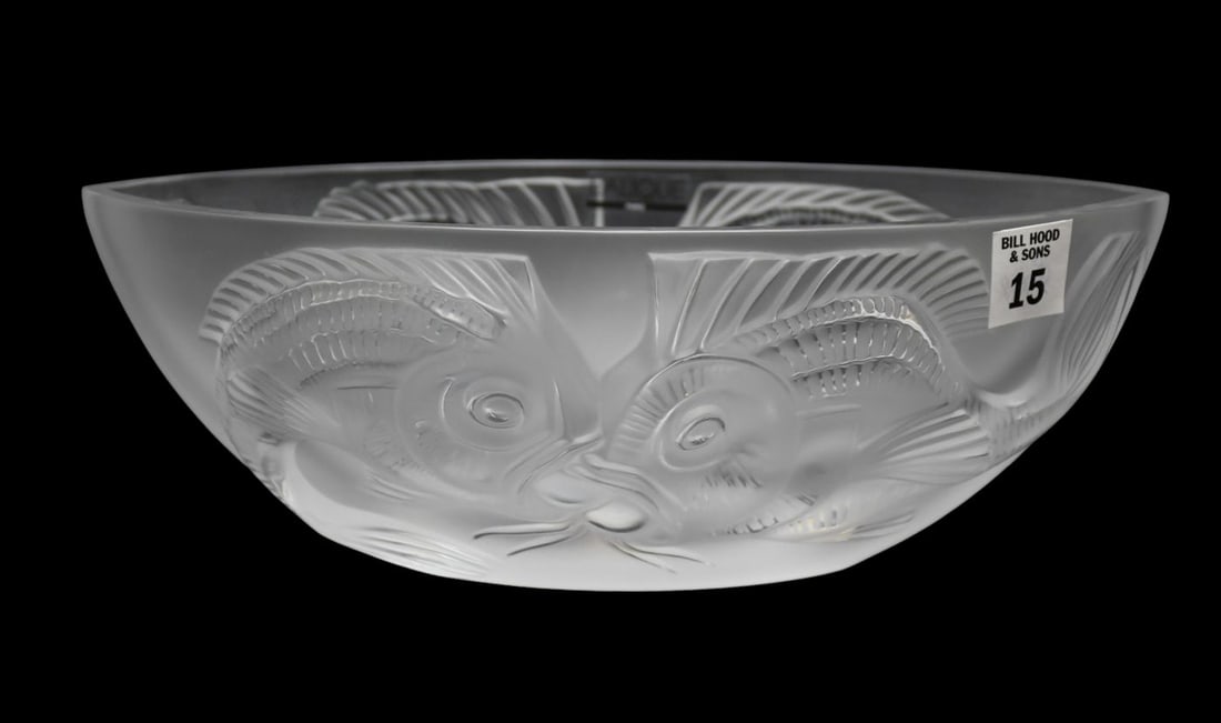 Lalique Crystal Double Fish Bowl In Oval Form "Kuta", Bas-Relief Motif of Two Kissing Fish on Both (1 of 5)