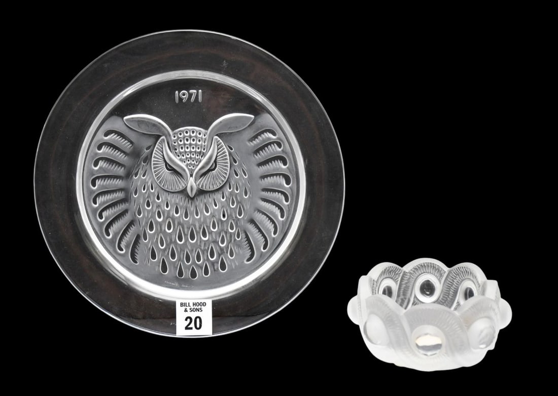 2 PC. Lalique Crystal Tablewares, Lalique Owl Plate 1971 (8 1/2"dia) AND Lalique Crystal "Gao" (1 of 5)
