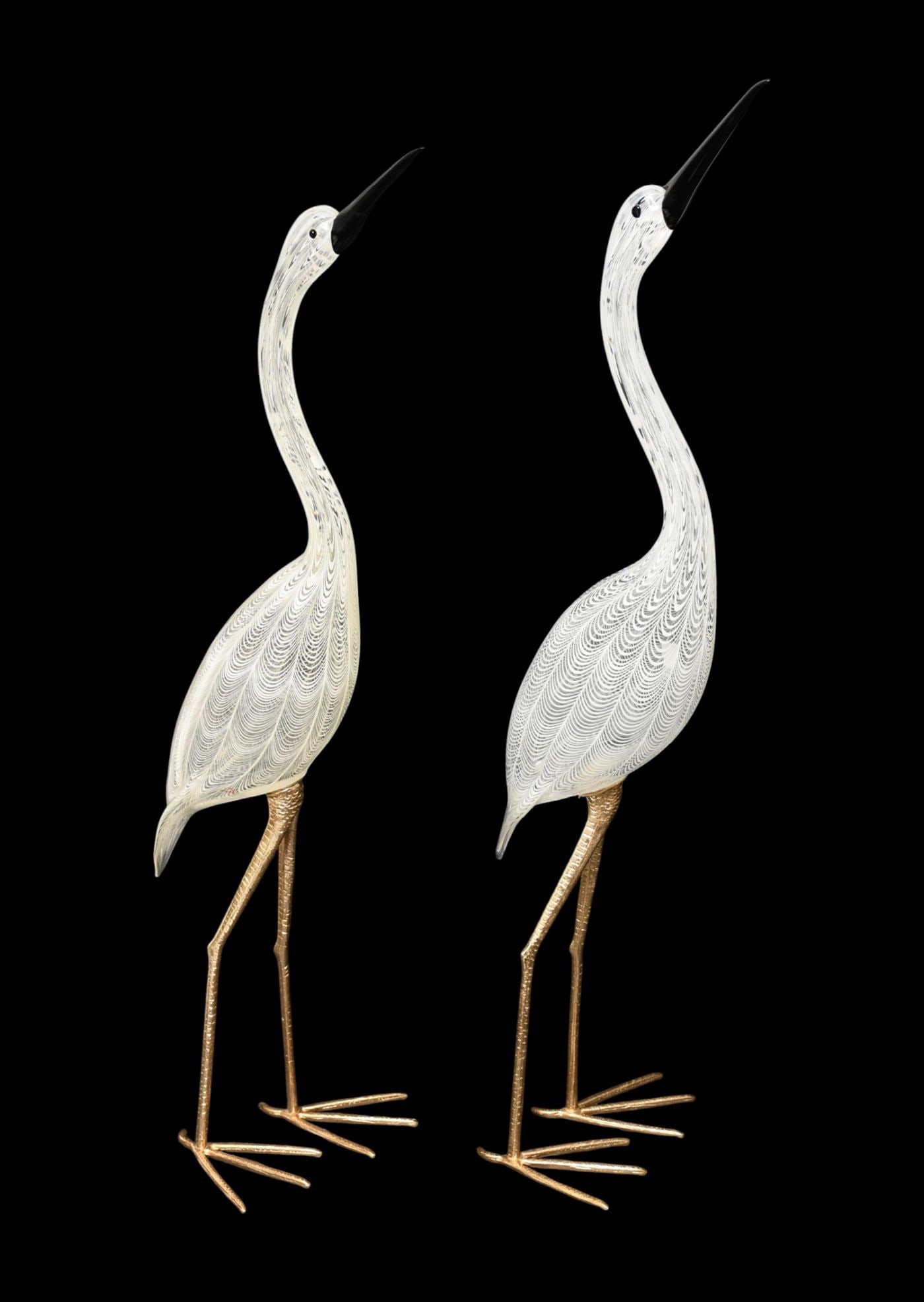2 Oscar Zanetti Murano Italy Art Glass Cranes on Brass Legs, "Vetro Artistico Murano" Sticker, 40: 2 Oscar Zanetti Murano Italy Art Glass Cranes on Brass Legs, "Vetro Artistico Murano" Sticker, 40 1/2"h x 9 1/2"w x 11"d (one has been reattached to base)
