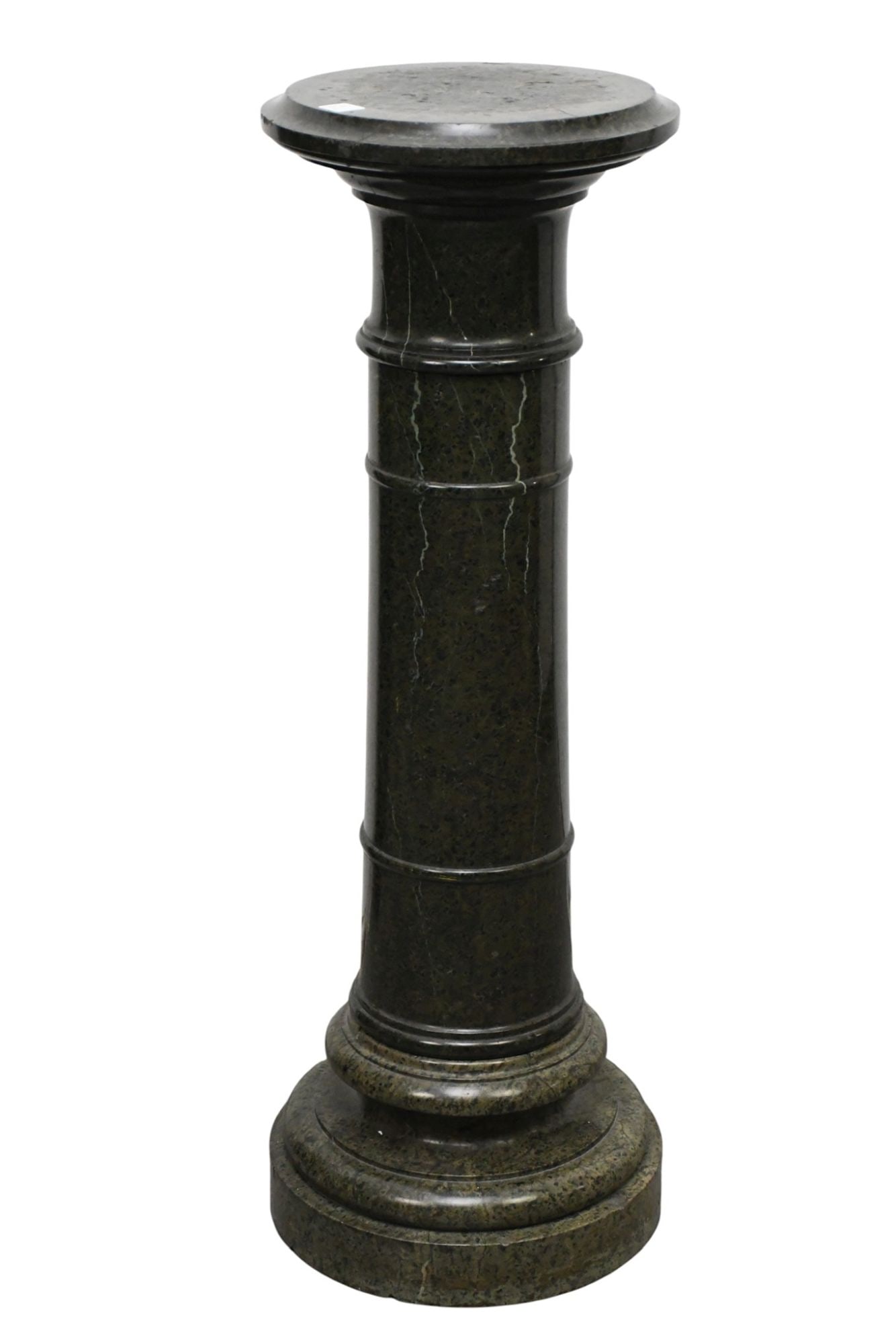 Antique 3 Pc. Green Marble Pedestal, 37 1/2"h x 12"dia (Repair at bottom): Antique 3 Pc. Green Marble Pedestal, 37 1/2"h x 12"dia (Repair at bottom)