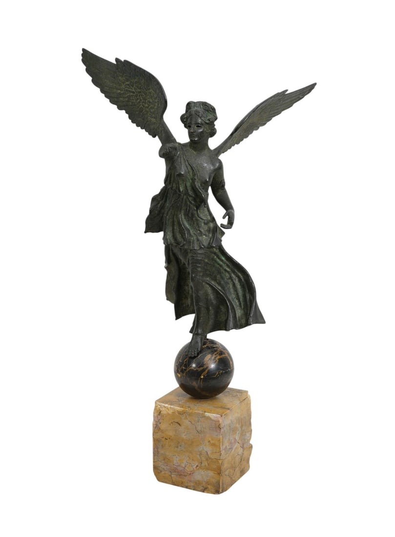 Grand Tour Bronze, 19th c. Green Patinated Figure of the Winged Victory on A Marble Ball, Sienna (1 of 9)