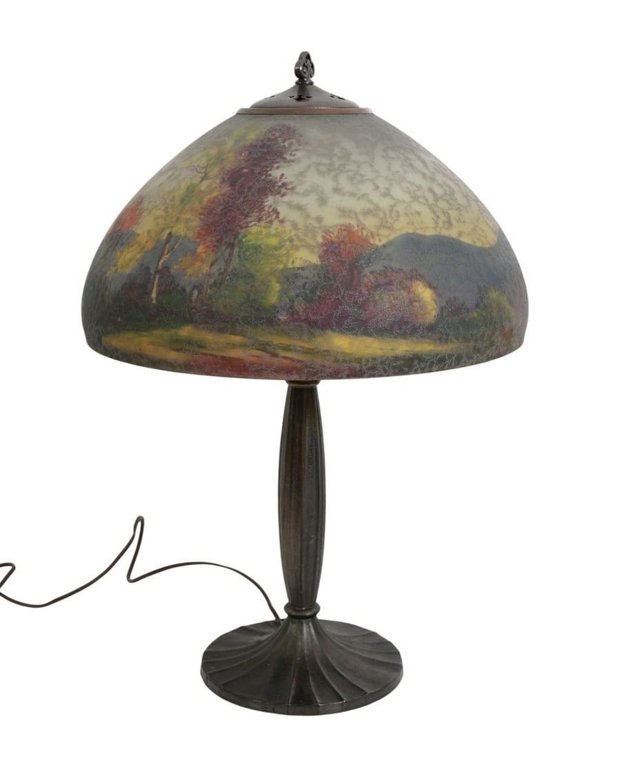 Antique Handel Table Lamp with Hand Painted Landscape Shade, Signed Handel 7/39 on Bottom Inside Rim (1 of 10)