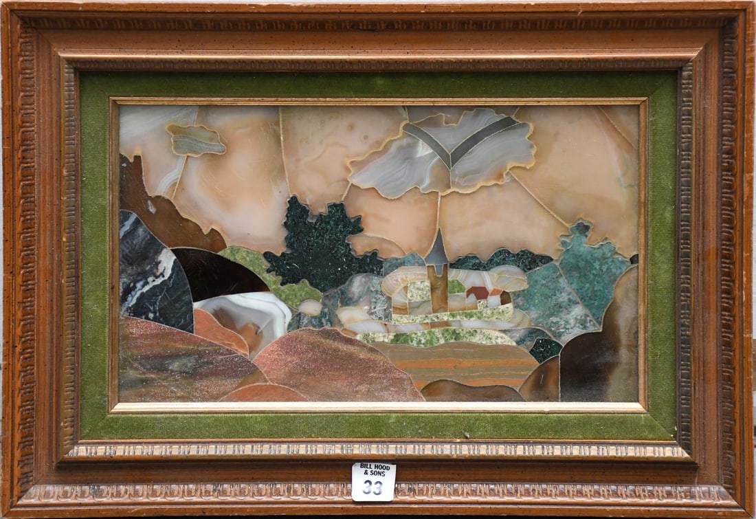 Pietra Dura Plaque With Landscape Scene & Buildings, 8 x 13 inches. Overall framed 12-1/2 x 17-1/2 (1 of 5)