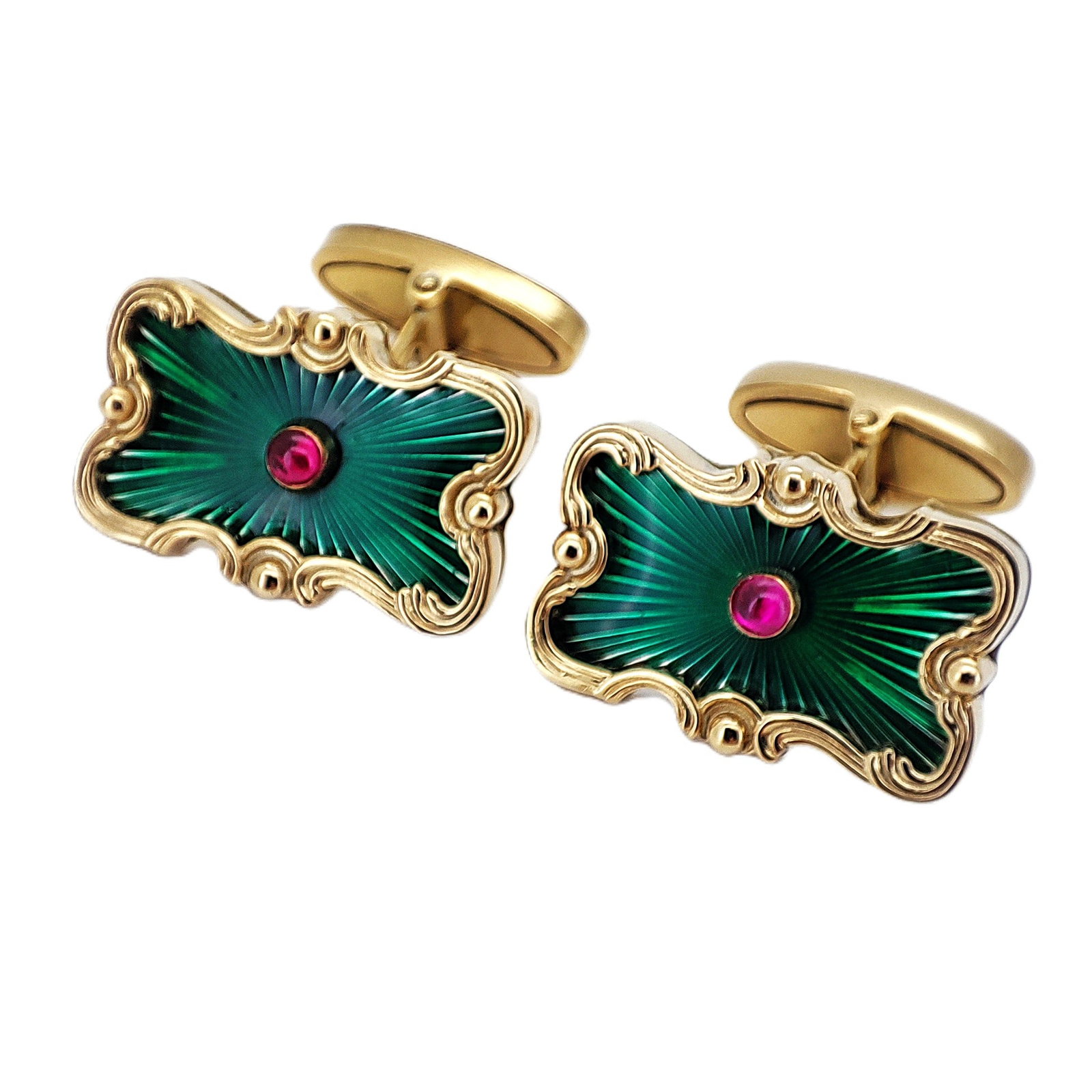 Vintage Imperial Faberge Era Gilded Silver Enamel Cufflinks. Total weight: 17.8 grams. Dimensions: L: Vintage Imperial Faberge Era Gilded Silver Enamel Cufflinks. Total weight: 17.8 grams. Dimensions: L 24.00 mm. W 15.00 mm. Russian hallmarks: 84 EB KF Cyrillic. $1200.