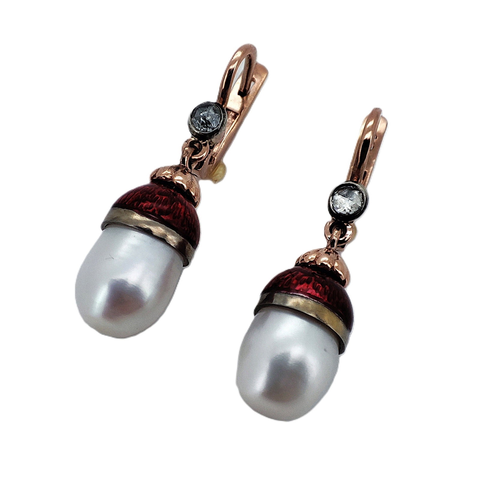 Vintage Art Deco Imperial Era 14 K Rose Gold Diamond Pearl Enamel Earrings. Total weight: 7.8 grams.: Vintage Art Deco Imperial Era 14 K Rose Gold Diamond Pearl Enamel Earrings. Total weight: 7.8 grams. Dimensions: L 33.10 mm. W 9.0 mm. Russian hallmarks: 56 FL Cyrillic.$1200.